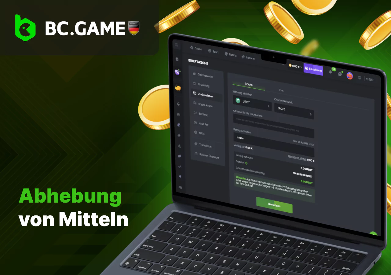 Abhebung von Geldern von einem Konto auf der BC Game Casino-Plattform